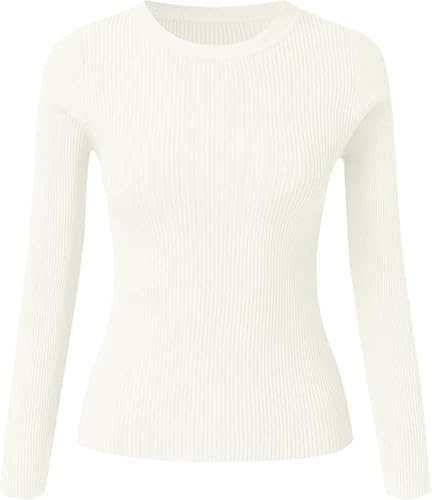 UIILO Termisk topp för kvinnor, stickad tröja, ribbade t-shirts, undertröja, basic, enfärgad långärmad skjorta, tajt stickad tröja, långärmade termounderkläder, höst, vinter, varm topp（Vit）