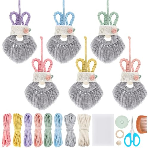 INFUNLY 6 Sets Rabbit Macrame Kit for Beginners DIY Small Bunny Gnome Macrame Kit Easter Themed Woven Macrame Kits for Adults Instruction Included Easter Rabbit Macrame Kit for Home Decoration Gifts