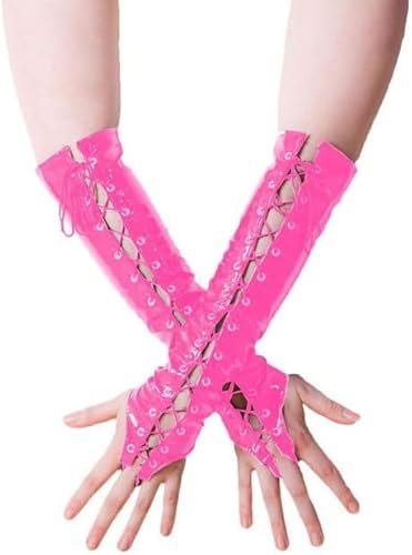 MINUSE Unisex Lange Fingerlose Handschuhe Handschuhe PVC Schnürung Glänzende Wetlook Lederhandschuhe Frauen Pole Dance Ellenbogenlange Handschuhe,Rosa,3XL
