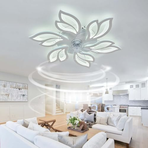 Caufloce Deckenventilator Mit Beleuchtung Dimmbar, Smart LED Reversibel Deckenlampe Mit Ventilator Und Fernbedienung Leise Modern DC Ventilator Lampe Küchen 65cm Für Wohnzimmer, Schlafzimmer-Weiß