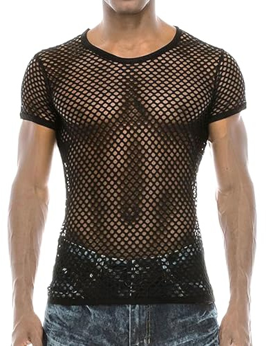 XNIVUIS Canottiera Uomo Guardare Attraverso Manica Corta Maglia Trasparente Uomo a Rete Camicia Maglia Intima da Uomo Mesh Fishnet Trasparenti(IT, Testo, Taglia Unica, Regular, Regular, Nero)