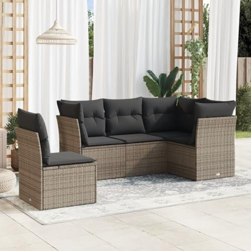 Homgoday 5-TLG. Gartenmöbel Set, Gartensofa mit Kissen Balkonmöbel, Terrassensofa, Gartenlounge Sofa mit Stauraum, Balkosofa Lounge Sofa Ecksofa Garten Sitzgruppe Grau Poly Rattan