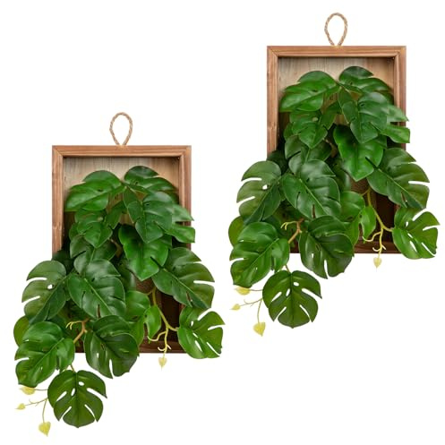 Hollyone 2 Stück Künstliche Pflanze Hängend, Tropische Monstera Hängepflanze mit Holzrahmen, Kunstpflanze Wie Echt Zimmerpflanze Deko Pflanzen, Fake Grünpflanze für Heimdeko, Wohnzimmer, Wandbehang
