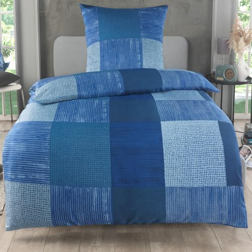 Kuscheli Bettwäsche 155x220 2 teilig - Mikrofaser Bettbezug 155x220 cm + Kissenbezug 80x80 cm - atmungsaktiver Stoff mit Reißverschluss - Einzelbett - modernes Karo Design Blau