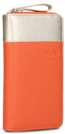 Zwei Damen Geldbörse Eva EV2 langes Portemonnaie 15 Kartenfächer, Sichtfach, 2 Scheinfächer, Geldbeutel mit Münzfach & umlaufenden Reißverschluss, weiches Kunstleder in Bicolor (Papaya)