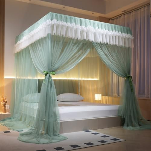 FEBSDHSMI 4 Ecken Post Princess Bett Baldachin Vorhang Doppelschicht gemütliche Drape Netting Net für Mädchen & Erwachsene Schlafzimmer(Green,1.2x2.0m)