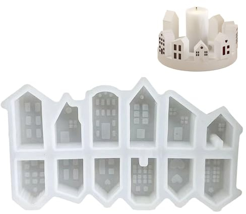 Jisrcha Moule en silicone pour décoration de Noël – Lot de 12 mini maisons de fusion en plâtre et cire – DIY