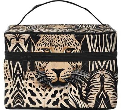 ESNAIUVCD Kulturbeutel mit Leopardenmuster, groß, Kosmetiktasche, Reise-Make-up-Tasche, Organizer für Damen, Schwarz , Einheitsgröße, Kosmetikkoffer
