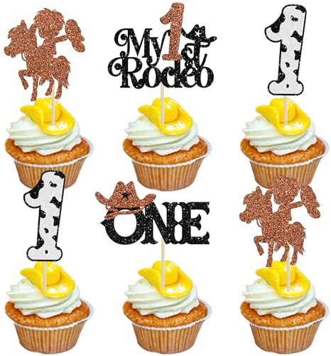 Gyufise 24Pcs Cowboy 1st Birthday Cupcake Toppers Glitter Hat My 1st Rodeo Cupcake Picks First Birthday Cow One Cake Decorations for Western Theme Baby Shower 1st Birthday Party Supplies Black