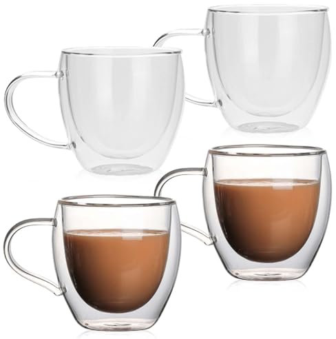 Juego de 4 vasos de café con asa, 250 ml, de doble pared, resistentes al frío y al calor, para capuchino, café con leche, té, café, leche, zumo de cerveza