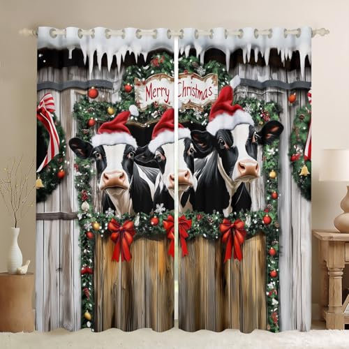 feelingyou Cortinas de ventana de vaca de granja con lazo de Navidad, cortinas de ventana rústicas de madera para puerta de granero, cortinas para niños, ganado, vaca lechera, ojales, juego de 2