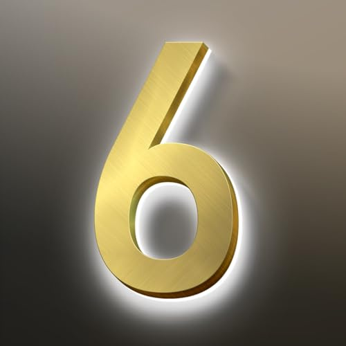 Número de puerta iluminado con LED retroiluminado, acero inoxidable cepillado dorado, número de dirección de casa iluminado con LED, número de dirección de exterior grande y moderno.
