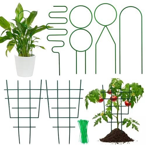 Pilikoll 4 Piezas Estacas de Soporte de Plantas de Metal con 2 Soporte de Plantas Trepadoras Plastico,30 Atadura Enrejado para Plantas Trepadoras Tutores Plantas Enredaderas para Plantas Trepadoras