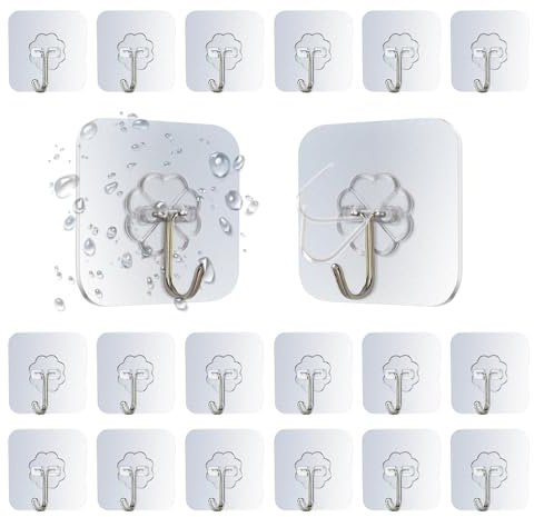 YZROHYI 20 PCS Ganci Adesivi Trasparenti Muro,Gancetti in Plastica Autoadesivi,Gancio Adesivo Forte Rimovibili,Ganci da Parete Adesivi per Bagno,Appendiabiti Adesivo Armadio,Appendini Adesivi Cucina