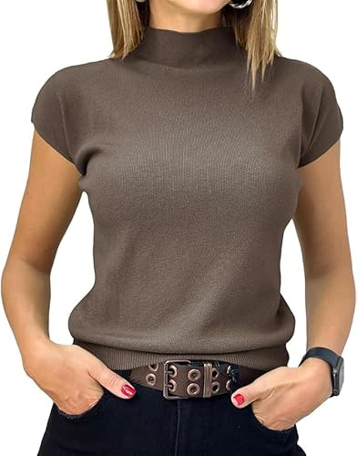 Saodimallsu Damen Pullover Kurzarm Sommer Strickpullover mit Stehkragen Einfarbig Slim Fit T-Shirt Oberteile Leicht Basic Strickshirts Braun XL
