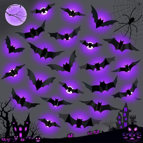 Moxled Halloween Deko, 24 Stück LED Lila Fledermaus Deko, Wandaufkleber 3D Halloween Deko Innen Outdoor für Schlafzimmer, Fenster, Tür, Wand, Party Deko Sticker