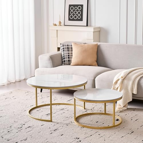 DEYARNA HOME Runden Couchtisch 2er Set, Moderne Satztische mit Keramikplatte (Keine MDF-Platte), Ideal für Wohnzimmer, Schlafzimmer, Balkon und Büro (Weiß+Gold), 50+70cm
