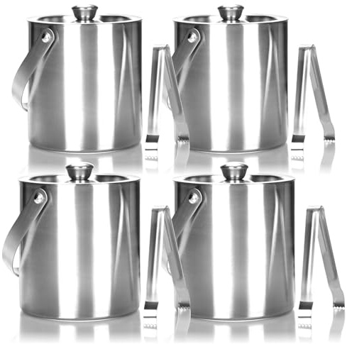 com-four® 4x Eis-Eimer aus Edelstahl - Eis-Würfel-Behälter doppelwandig mit Deckel, Henkel und Zange - Sekt & Weinkühler - Kühlschale für Obst, Gemüse und Schokolade - je ca. 1,5 Liter (Bergen 4x)