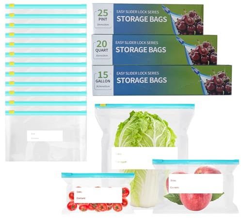 60 sacchetti riutilizzabili con chiusura a zip, 3 misure (3,5 l, 2,5 l, 0,5 l), sacchetti per congelatore con chiusura lampo, con fondo espandibile, per panini, frutta, verdura, carne, cereali