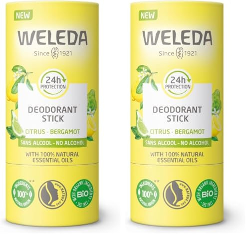WELEDA Bio 24h Deo Stick Citrus & Bergamotte – Naturkosmetik Deodorant mit frischem Zitronen Duft. Natürlicher Deostick schützt 24h zuverlässig vor Körpergeruch ohne Aluminiumsalze (vegan, 50g)