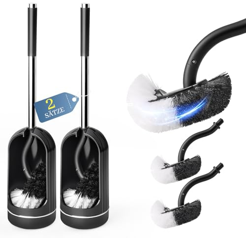 2 Stück WC-Bürstenhalter + 4 Ersatzbürsten (Schwarz/Weiß) – Klobürste mit Randreiniger & gebogenem Kopf für 360° Tiefenreinigung, Edelstahl-Set mit Spritzschutz