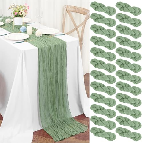 Teruntrue 24 Stück Tischläufer Salbeigrün 45x275 cm Boho Gaze Käsetuch Tischläufer für Hochzeit, Party, Babyfeier, Brautshower, Geburtstag-Dekorationen