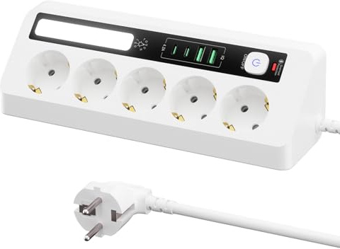 Behogan Multiprise d'angle : multiprise 5 prises avec 2 USB A et 2 Type-C, multiprise d'angle avec interrupteur, rallonge de 2 m pour bureau, coins - Blanc