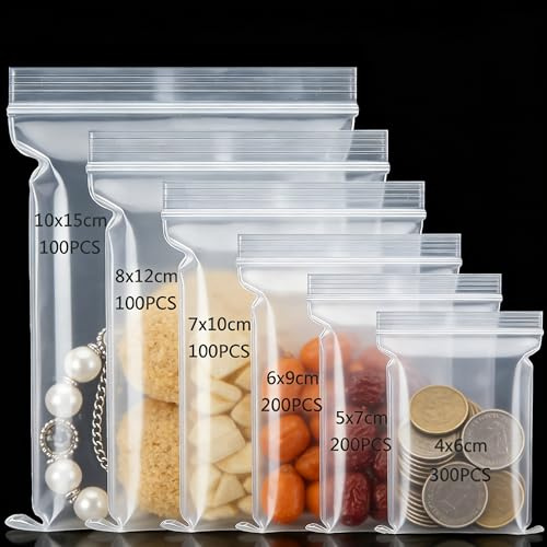 XRXYMQ 1000 Pièces Sachet Plastique Transparent 6 Combinaisons Pochon Plastique Refermables Petit Sachet Transparent Imperméable Pochette Zip pour Rangement dans Cuisine Portionnement Biscuits Bonbons