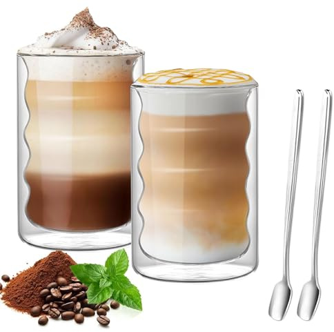 ZkateTrade Juego de 2 vasos de café de doble pared, 350 ml, vidrio de borosilicato, tazas de café de doble pared, para capuchino, té, hielo, leche, cerveza