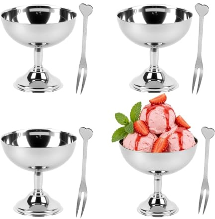 Hapivida Tasse à Crème Glacée, 180/200ml Bols à Dessert de Service en Acier Inoxydable, Mini Bol à Yaourt à Pieds Ronds, Tasse à Bonbons, Bol à Sauce pour Salade, Fruits, Pudding, Fête (9CM*4Pcs)