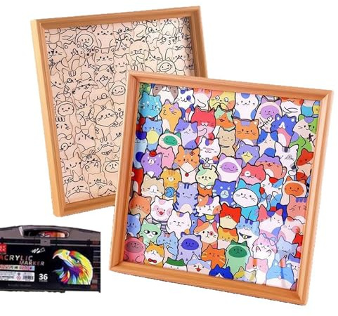 Marco de Rompecabezas de Madera para Gatos, Rompecabezas para Colorear de Madera 3D, Adorno de Marco de Fotos Pintado a Mano de Gatito Lindo, para Amantes de Las Manualidades de DEC Non-Color Markers