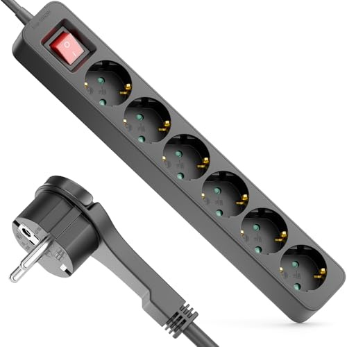 deleyCON Multipresa 6 Vie con Spina Piatta - 1,4m Cavo - con Interruttore ON/OFF - Ideale Dietro Mobili, Presa Multipla Distribuzione Estensione Barra Alimentazione 3680W 16A - Nero
