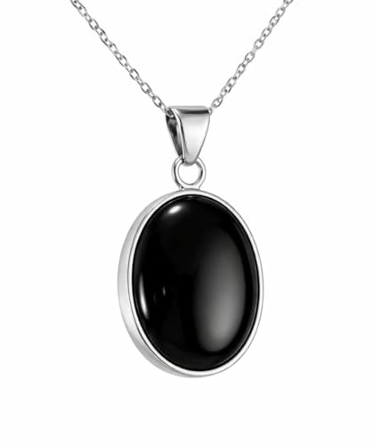 Echmeck Handgefertigte 925 Sterling Silber Ovaler Schwarzer Onyx 15x20mm Kleiner Anhänger Halskette mit 40+5cm Kette