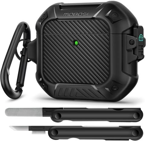 MOBOSI für AirPods 4 Hülle Kompatibel mit Magsafe,Schwarz | Militärschutz Stoßfest Schutzhülle mit Karabiner & Reinigungsset,Hülle Case für AirPod 4 Generation(2024)