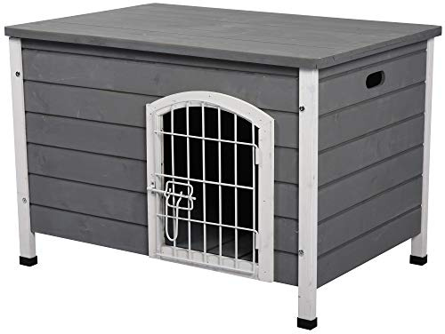 PawHut 31 L Wooden Decorative Dog Cage Kennel Wire Door with Lock Small Animal House with Openable Top Removable Bottom Grey