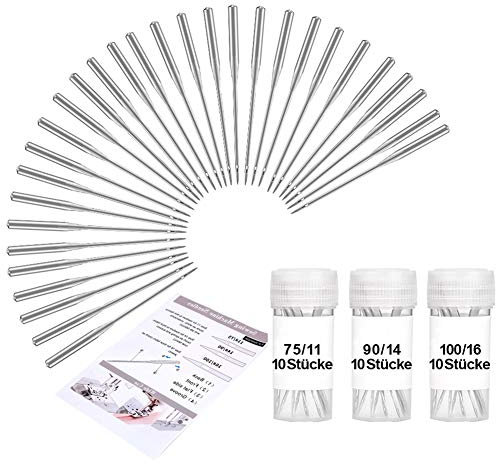 Wamkon 30 Stücke Nähmaschine Nadel Set, 75/11, 90/14 und 100/16 Nähen Maschine Nadel mit Anleitung, Universal Nähmaschine Nadeln Set für Haushalt Nähen