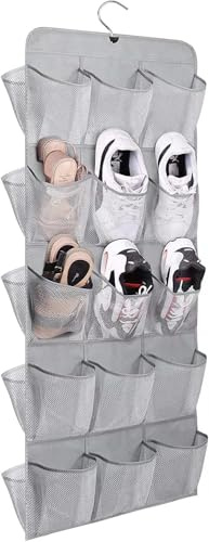 MISSLO 30 Large Pockets Hanging Shoe Rack Storage Organiser for Wardrobe Rail with Rotating Shoe Hanger Toddler, Dual Sided, Grey