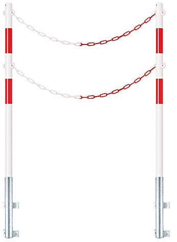 ROBUSTO Schutzpfosten-Set ECO, r/w, Ø 4,2 cm, 140 cm, mit Haken und Doppelkette, Art.-Nr. 608097 | Absperrpfosten | Absperrpoller | Stahlrohrpoller