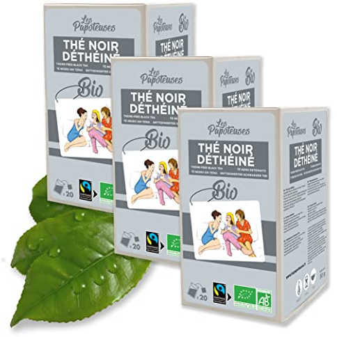 LES PAPOTEUSES | Té negro orgánico descafeinado de China | 60 bolsas | Comercio Justo y Orgánico Certificado | Set de 3 cajas de 20 sobres de hojas de té negro descafeinado