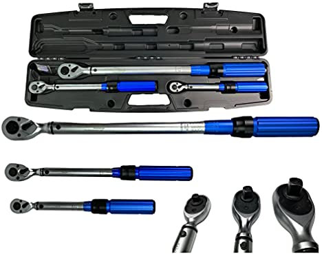 Kraftwelle Drehmomentschlüssel Set 3 teilig 1/4, 3/8, 1/2 Zoll 5-220 NM Ratsche Werkzeug Set KFZ PKW Fahrrad Umschaltknarre