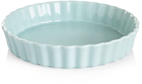 Sweejar Ceramic Pie Pan, 9.5 Inches Round Wavelet Fringe Dish, Non-Stick Plate for Baking Pumpkin, Apple (Turquoise)