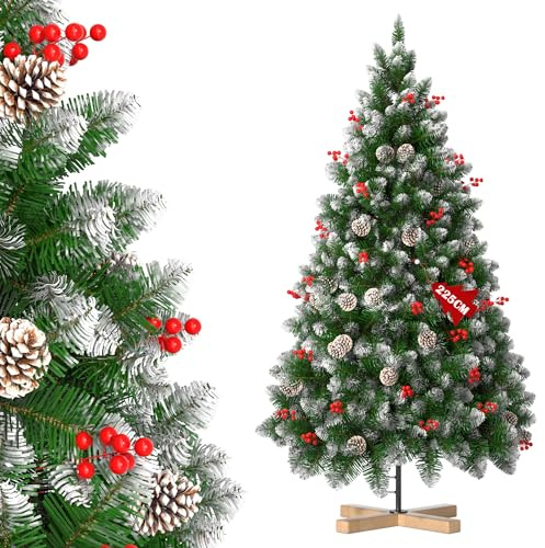 Aufun Árbol de Navidad Artificial, 2,25 Metros. Árbol de Navidad Artificial Blanco con Nieve y piñas, Pino de Montaje rápido, con Soporte para árbol de Navidad (225cm, Pino Blanco Natural con Nieve)