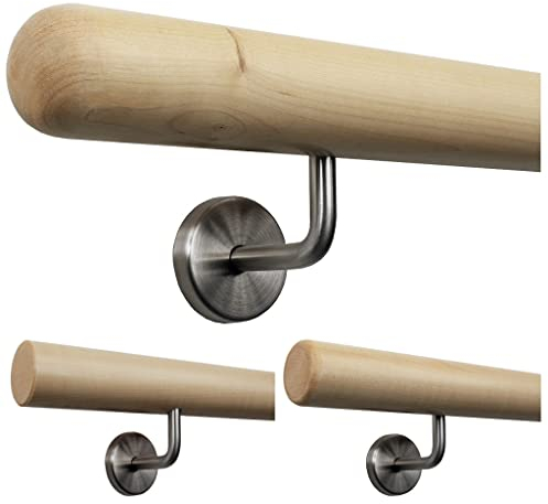 TIBU Handlauf Holz Ahorn Ø 50 mm für Geländer Länge 240 cm + 4 Halter und Enden Halbkugel gefräst
