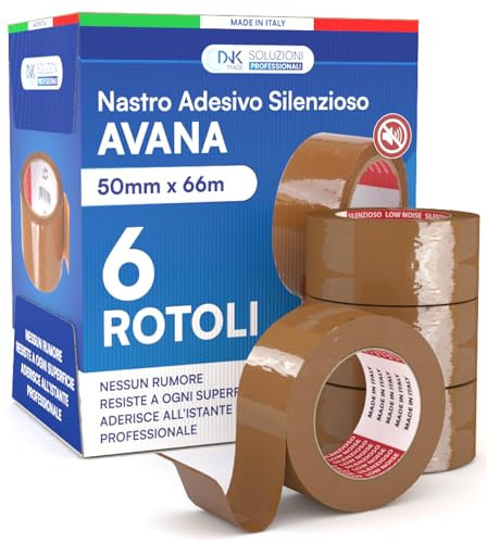 DNK TRADE Nastro Adesivo da Imballaggio Pacchi - 6 Rotoli di Nastro per Imballaggi 50mm x 66m Silenzioso Resistente all'Acqua - Colore Avana