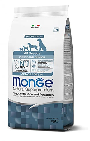 Monge Natural Superpremium Puppy and JUNIOR Trout, Rice and Potatoes, cibo per cani per tutte le razze (cibo secco per cani con trota, riso e patate, molto ricco di fibre e vitamine, 12 kg)