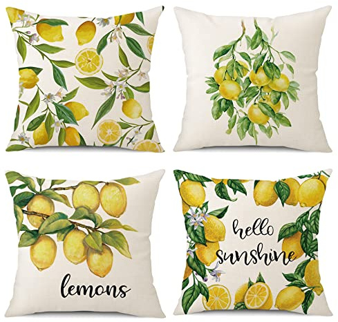 OCEUMACO Leinen Kissenbezug 50x50 Winter Gelb Zitrone Muster Kissenhülle 4er Set Quadratisch Dekokissen Sofakissen Bezug für Couch Landhausstil Kissen Kissenbezüge Deko Zierkissen Couchkissen