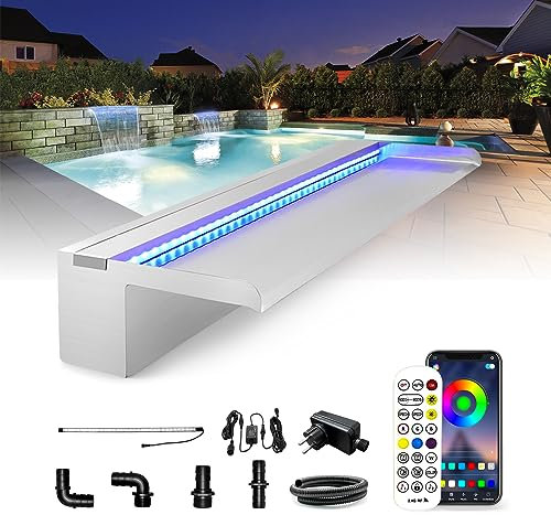 LONGRUN Bluetooth App control Stainless Steel Pool Fountain, 60cm Pond Waterfall Cascade, Waterfall Blade with 7 Colors LED Light, Complete Waterfall & Stream Kits for Outdoor Water Features