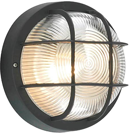 Britalia Black & Ribbed Glass Outdoor Vintage Round Flush Bulkhead Wall Light | 180mm Diameter | IP44 Rated | 1 x ES E27 Lamp Bulb Required | Bathroom Use | UK Approved