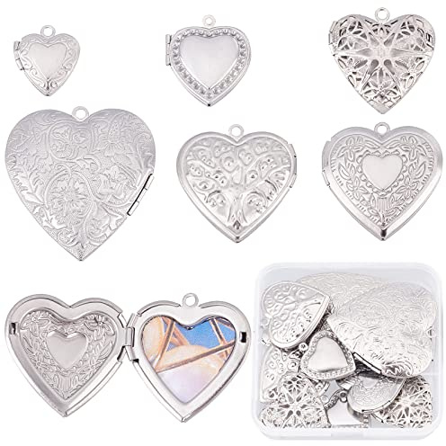 SUNNYCLUE 1 Box 12 Stück 6Stil Edelstahl Fotorahmen Charm Diffusor Medaillon Anhänger Silber Herz Medaillon Fotorahmen Anhänger Für Schmuckherstellung Charms Armband Halskette Ohrring DIY Bastelbedarf
