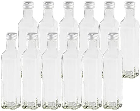 12 leere Glasflaschen Flaschen Maraska 250ml mit Schraub-Deckel Silber, Eckig, zum selbst Abfüllen Likörflasche Schnapsflasche